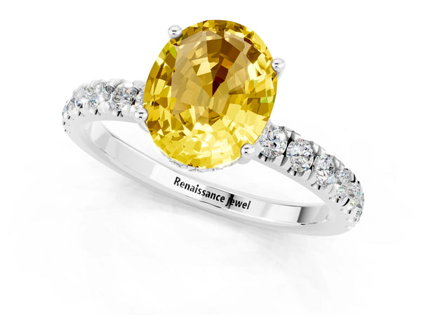 Silver Oval Cut Yellow Sapphire Pave Band Solitaire Ring with Round  and Prong Setting