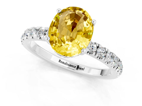 White gold Oval Cut Yellow Sapphire Pave Band Solitaire Ring with Four-Prong Setting_61