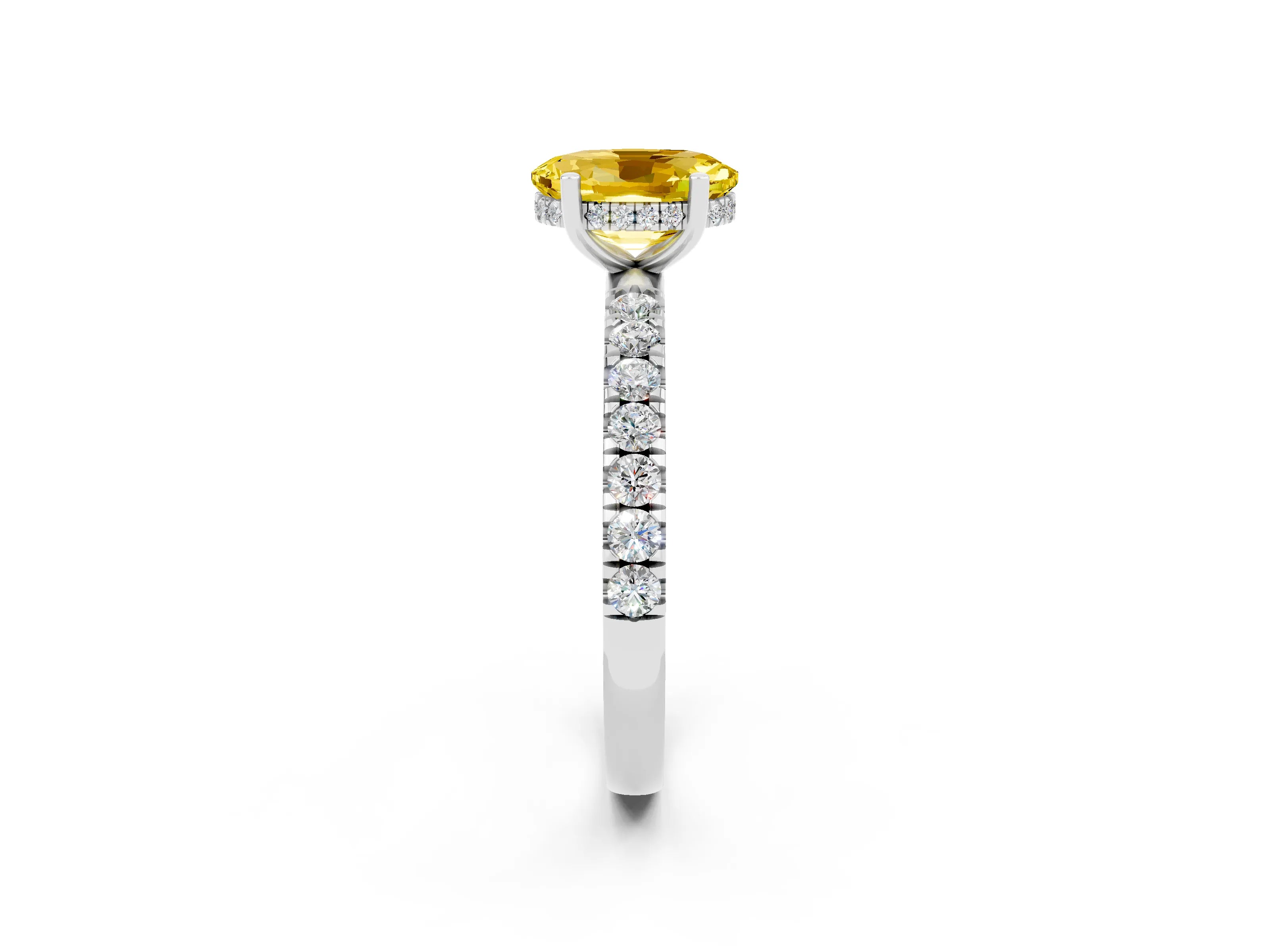 White gold Oval Cut Yellow Sapphire Pave Band Solitaire Ring with Four-Prong Setting_62