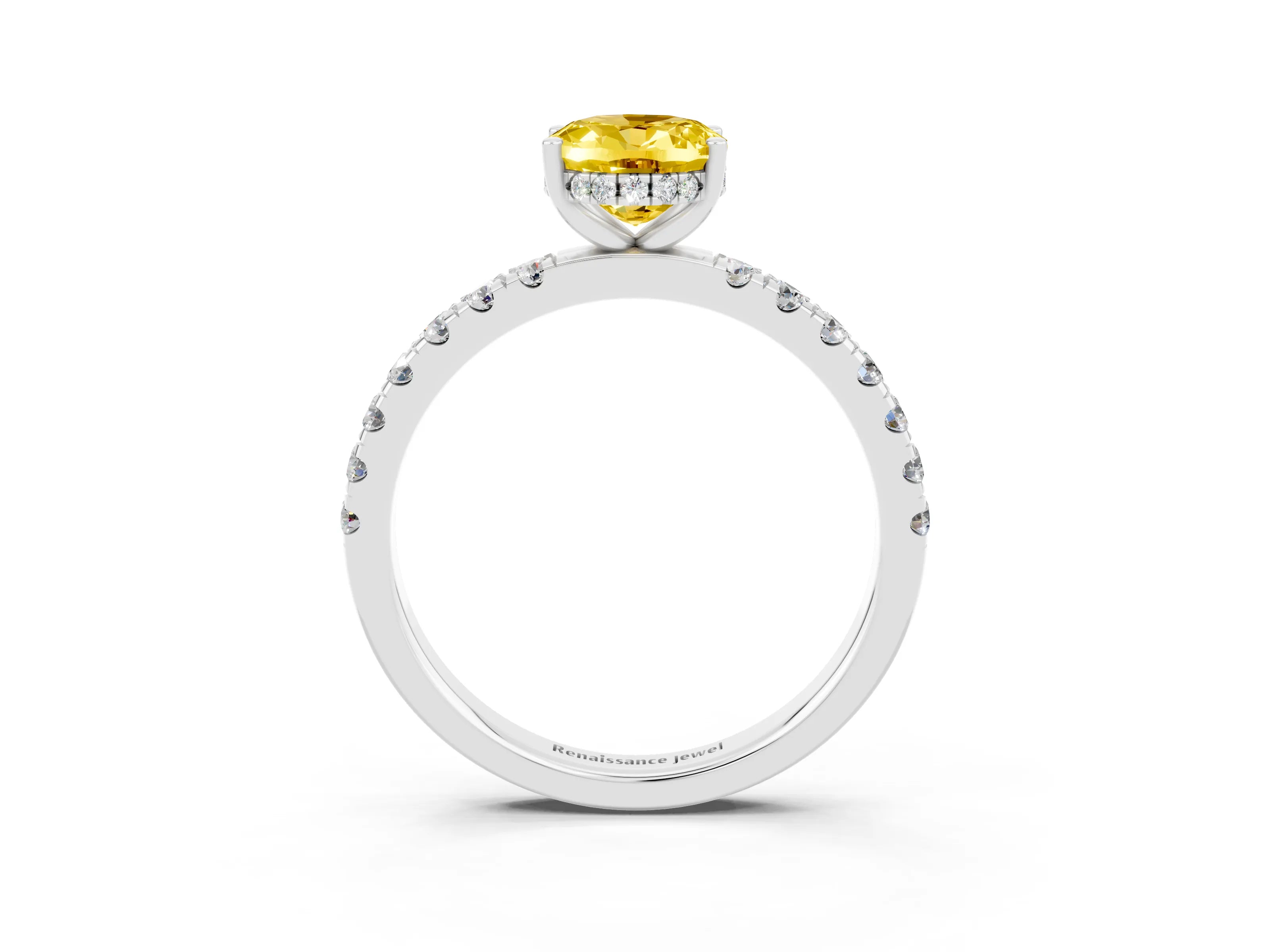White gold Oval Cut Yellow Sapphire Pave Band Solitaire Ring with Four-Prong Setting_63