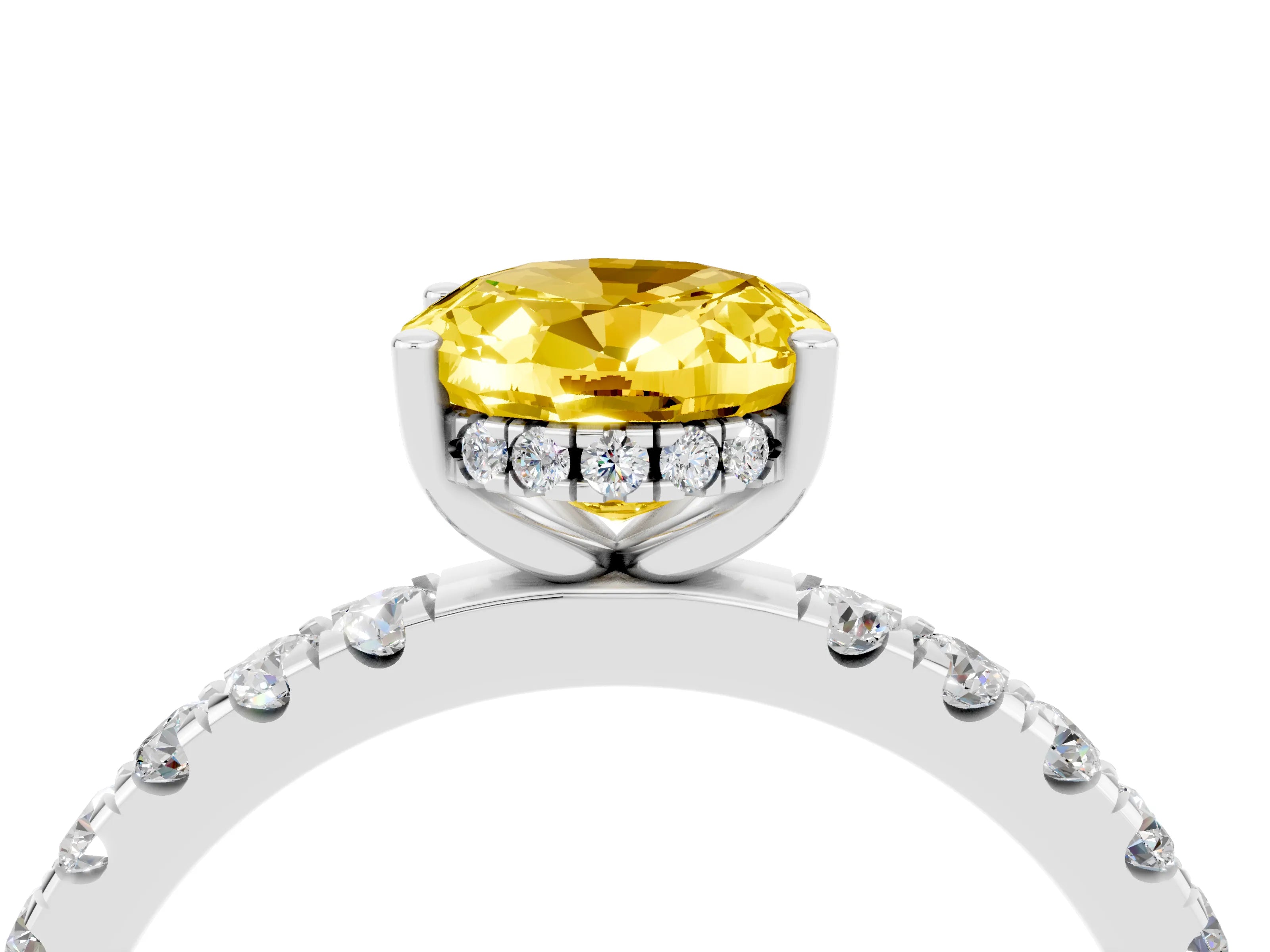 White gold Oval Cut Yellow Sapphire Pave Band Solitaire Ring with Four-Prong Setting_64