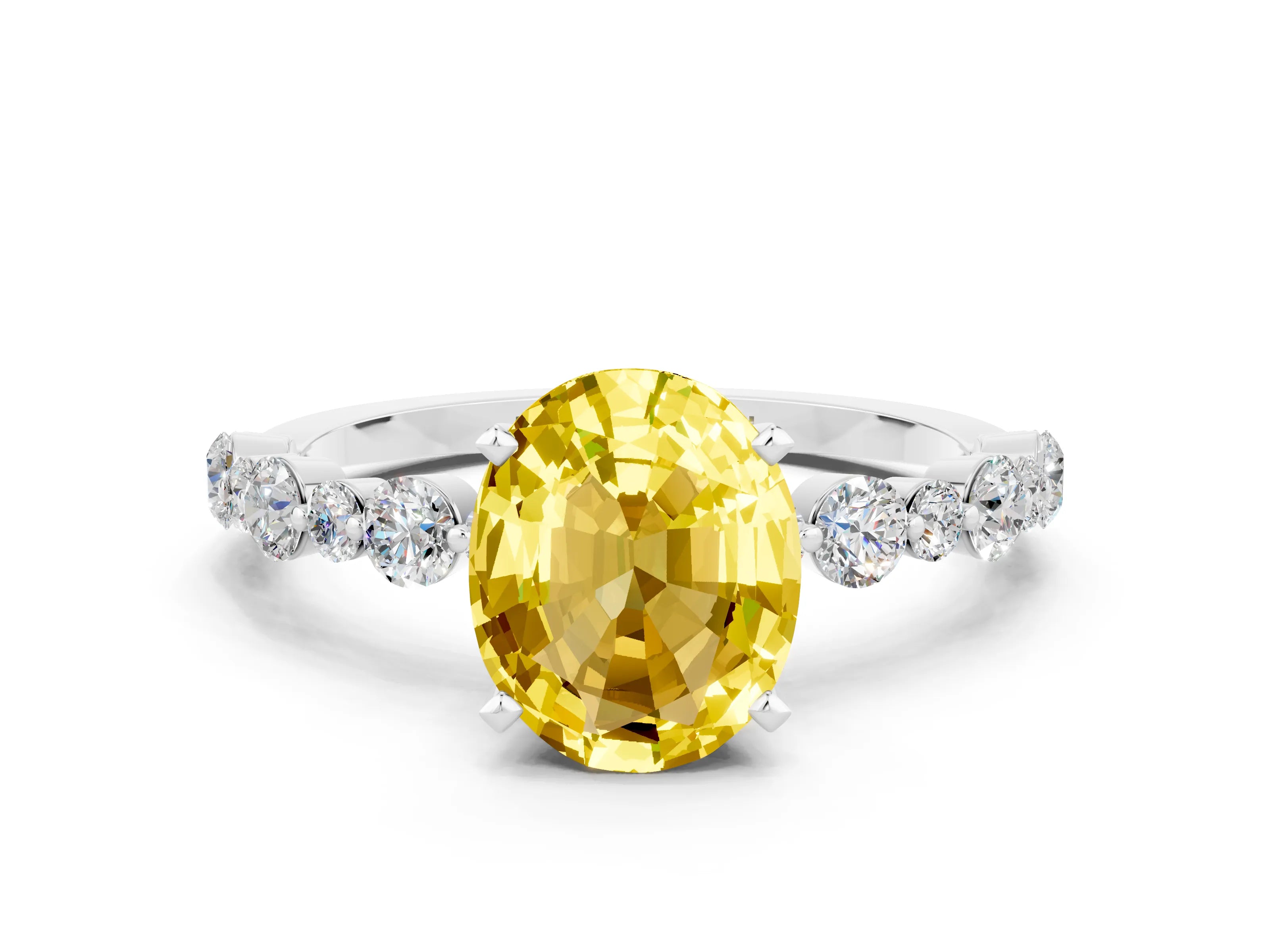 White gold Oval Cut Yellow Sapphire Prong Set Engagement Ring with Pavé Band_12