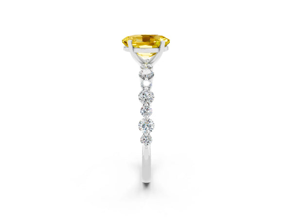 Platinum Oval Cut Yellow Sapphire Prong Set Engagement Ring with Pavé Band