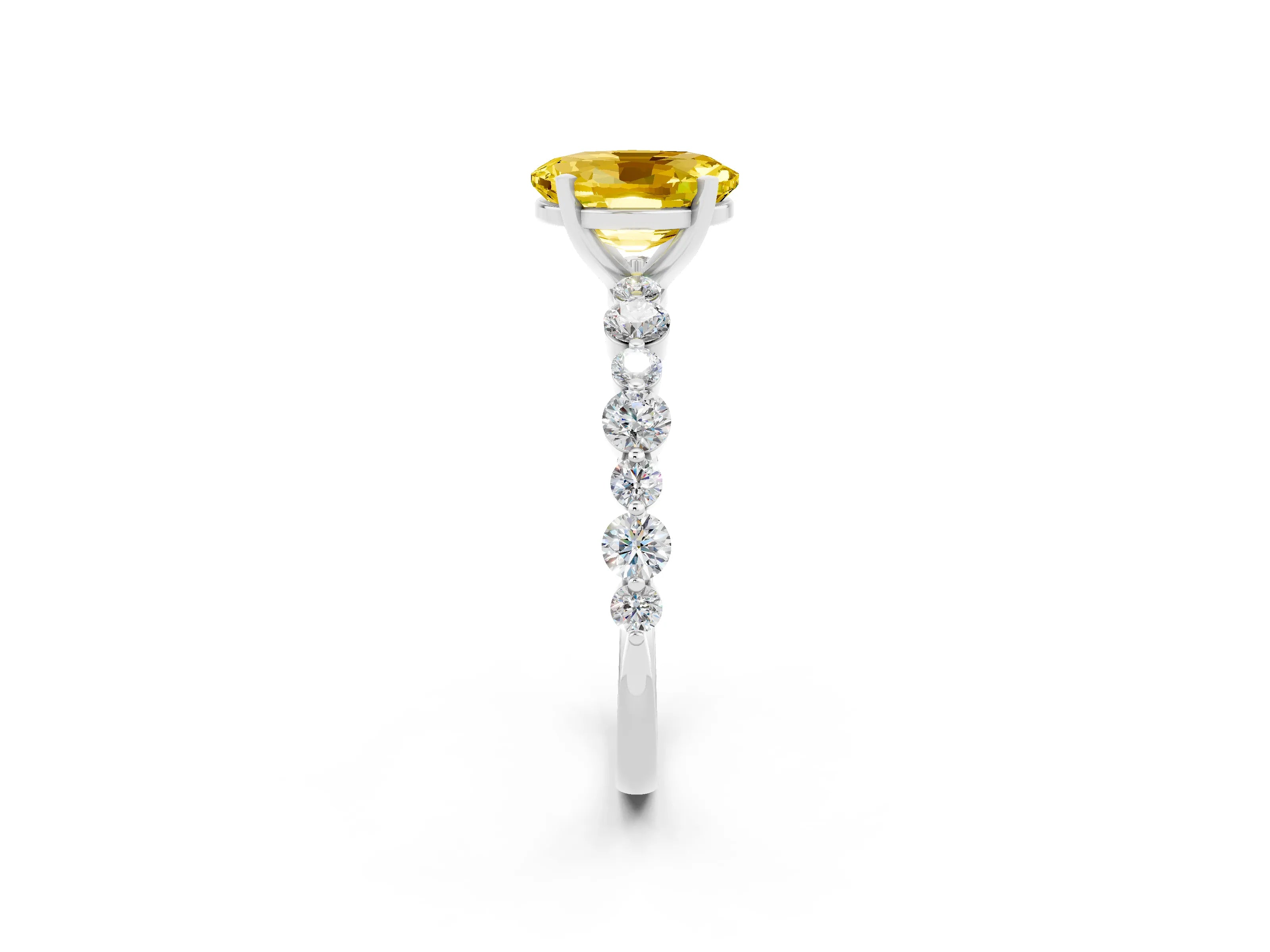 White gold Oval Cut Yellow Sapphire Prong Set Engagement Ring with Pavé Band_14