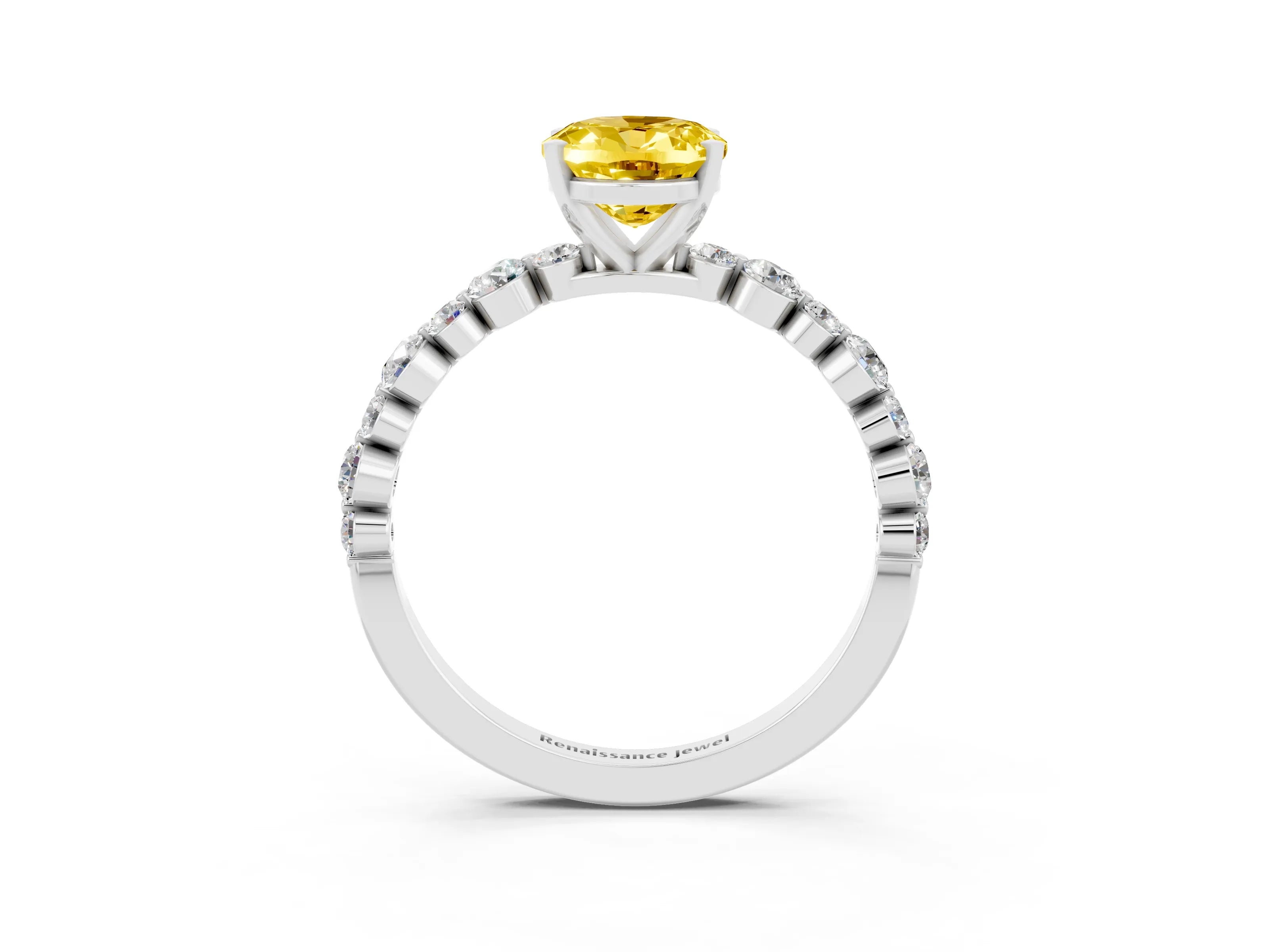 White gold Oval Cut Yellow Sapphire Prong Set Engagement Ring with Pavé Band_15