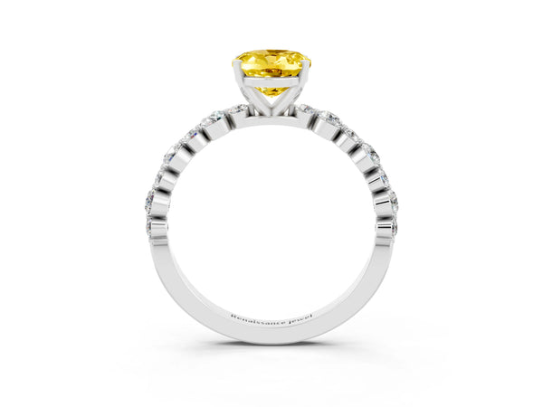 White gold Oval Cut Yellow Sapphire Prong Set Engagement Ring with Pavé Band