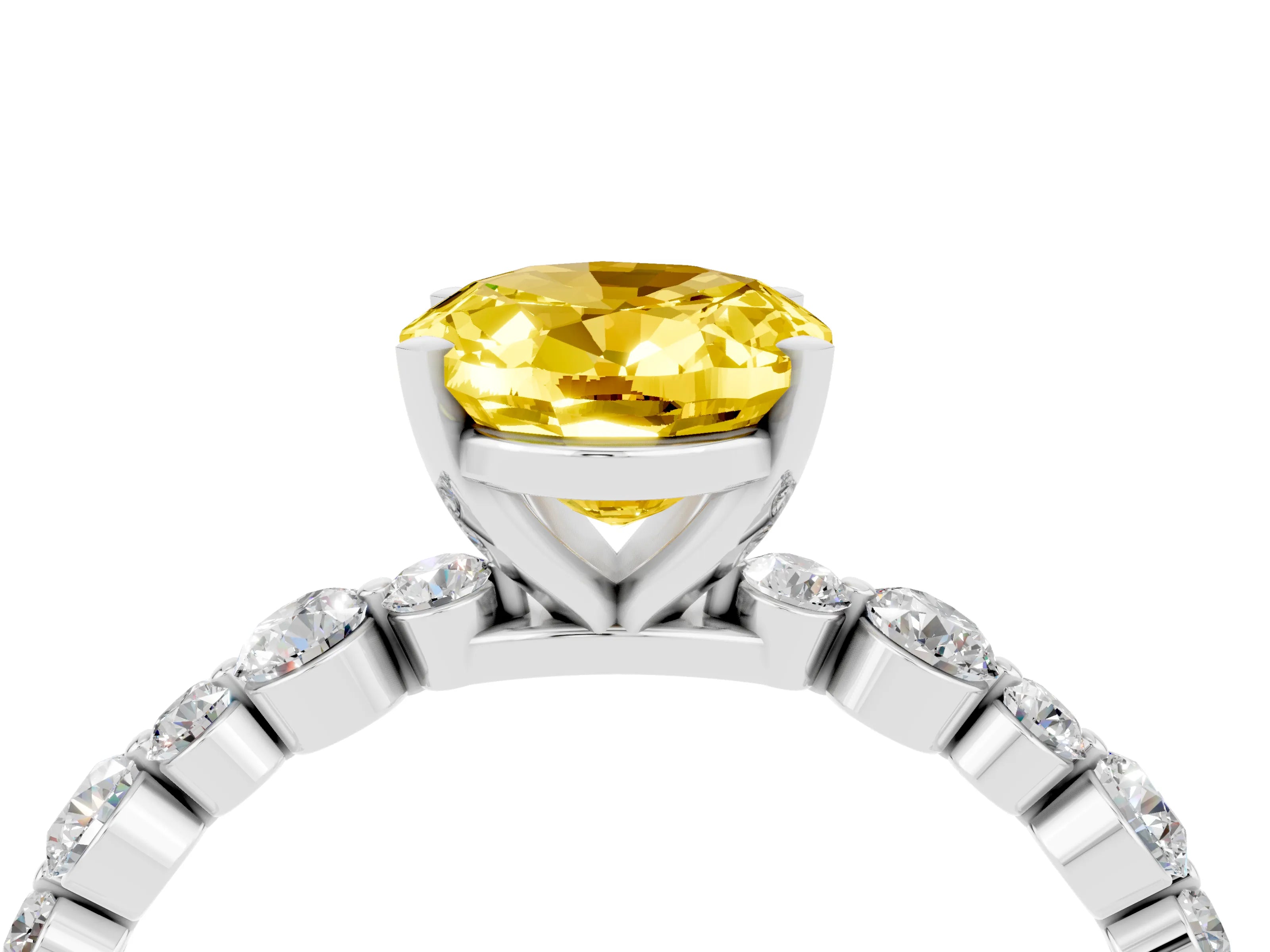 White gold Oval Cut Yellow Sapphire Prong Set Engagement Ring with Pavé Band_16