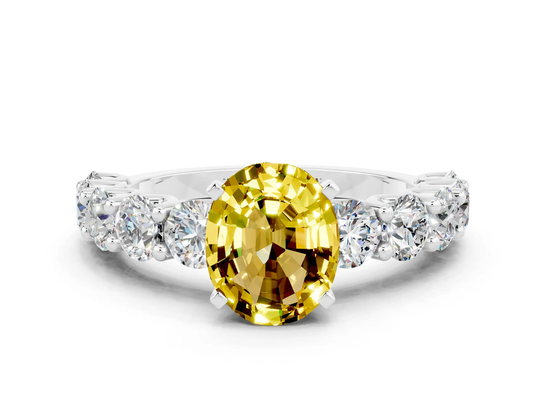 White gold Oval Cut Yellow Sapphire Prong Setting with Side Stones on a Pave Band_24