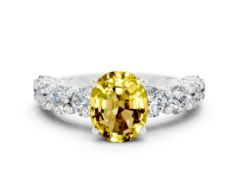 White gold Oval Cut Yellow Sapphire Prong Setting with Side Stones on a Pave Band_24