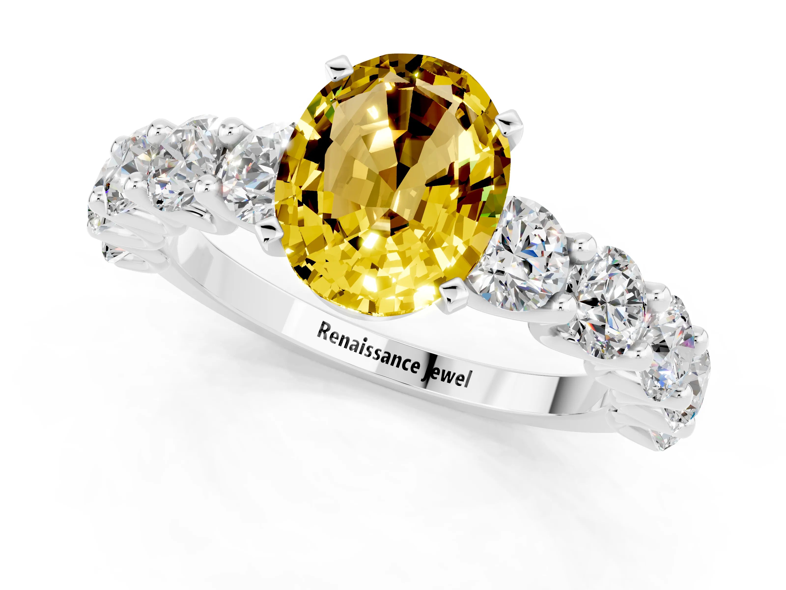 White gold Oval Cut Yellow Sapphire Prong Setting with Side Stones on a Pave Band_25