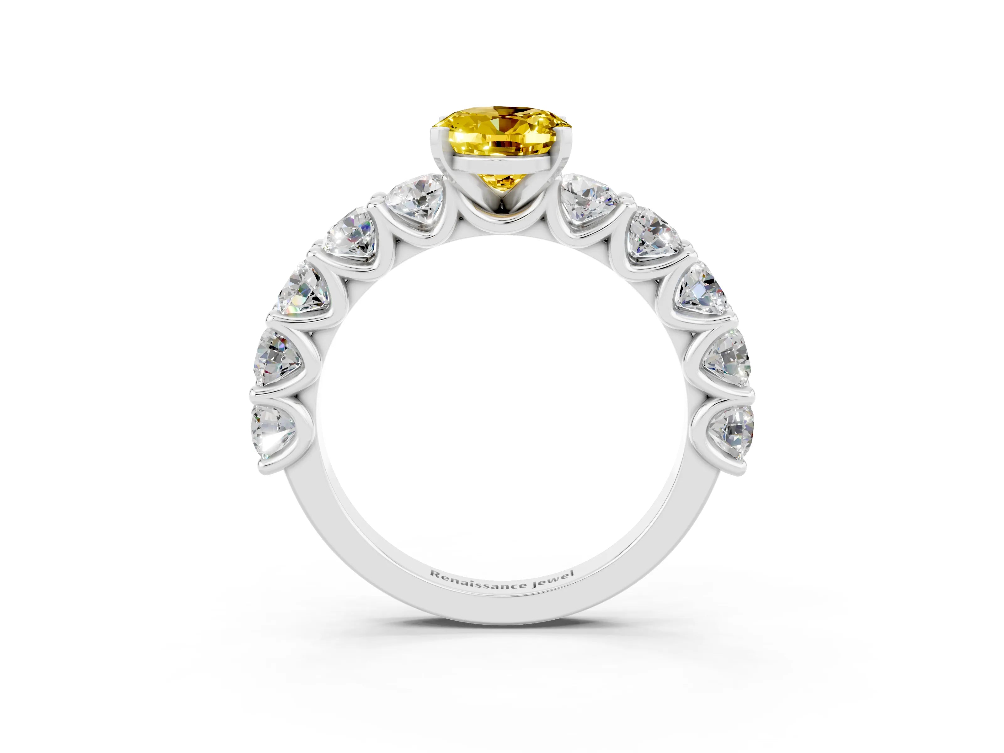 White gold Oval Cut Yellow Sapphire Prong Setting with Side Stones on a Pave Band_27
