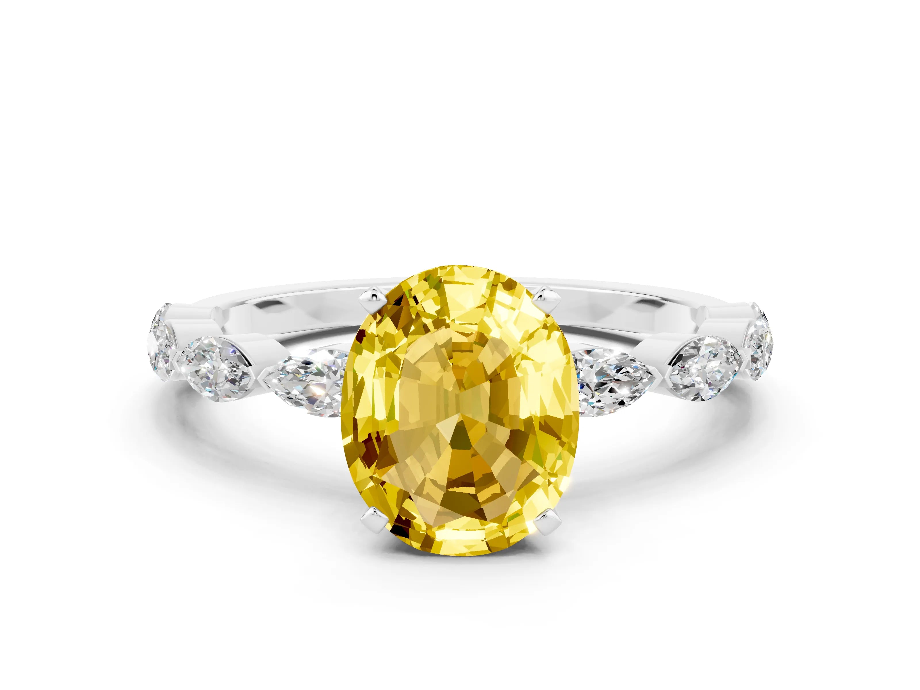 White gold Oval Cut Yellow Sapphire Ring with Marquise Side Stones and Prong Setting_12