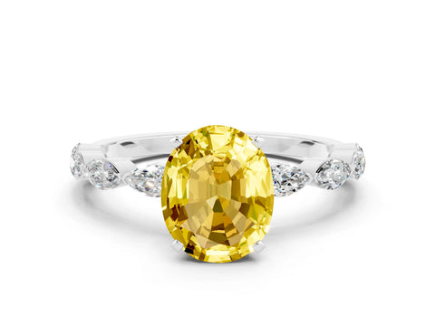 White gold Oval Cut Yellow Sapphire Ring with Marquise Side Stones and Prong Setting_12