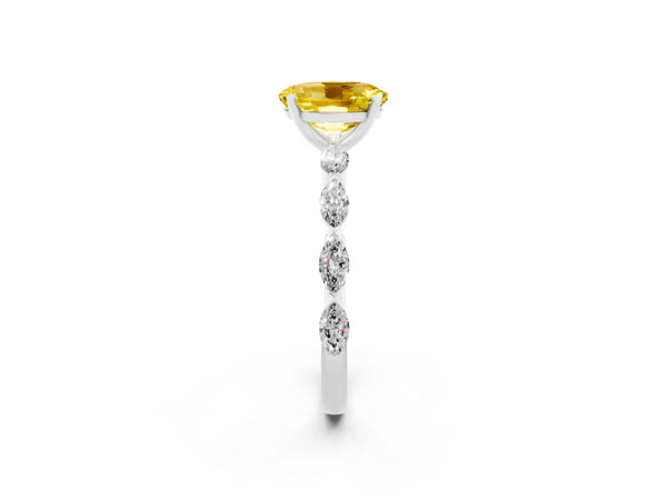 Platinum Oval Cut Yellow Sapphire Ring with Marquise Side Stones and Prong Setting