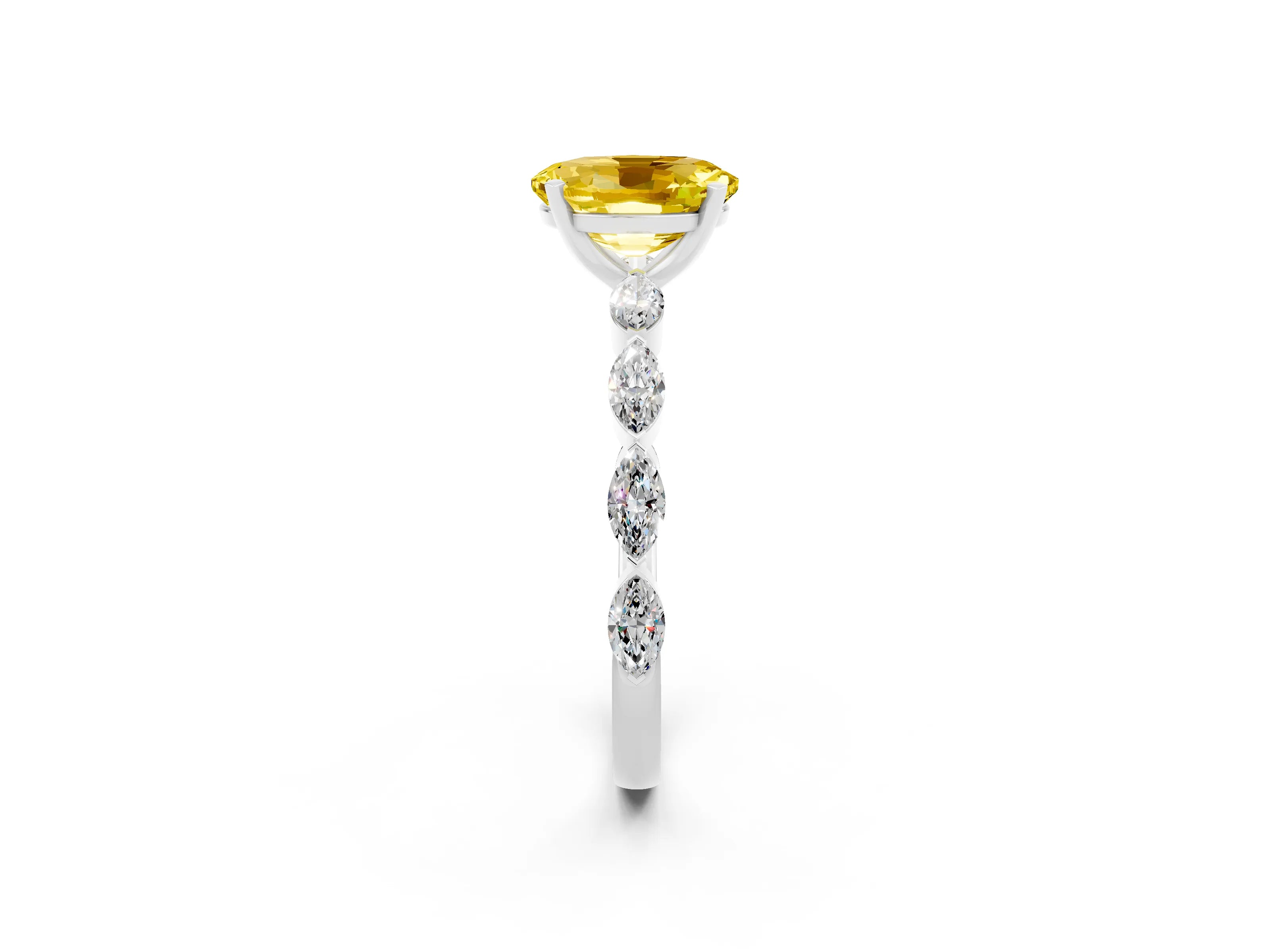 White gold Oval Cut Yellow Sapphire Ring with Marquise Side Stones and Prong Setting_14