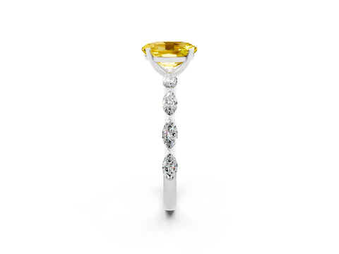 White gold Oval Cut Yellow Sapphire Ring with Marquise Side Stones and Prong Setting_14
