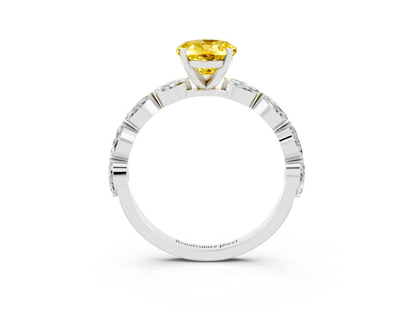 Platinum Oval Cut Yellow Sapphire Ring with Marquise Side Stones and Prong Setting