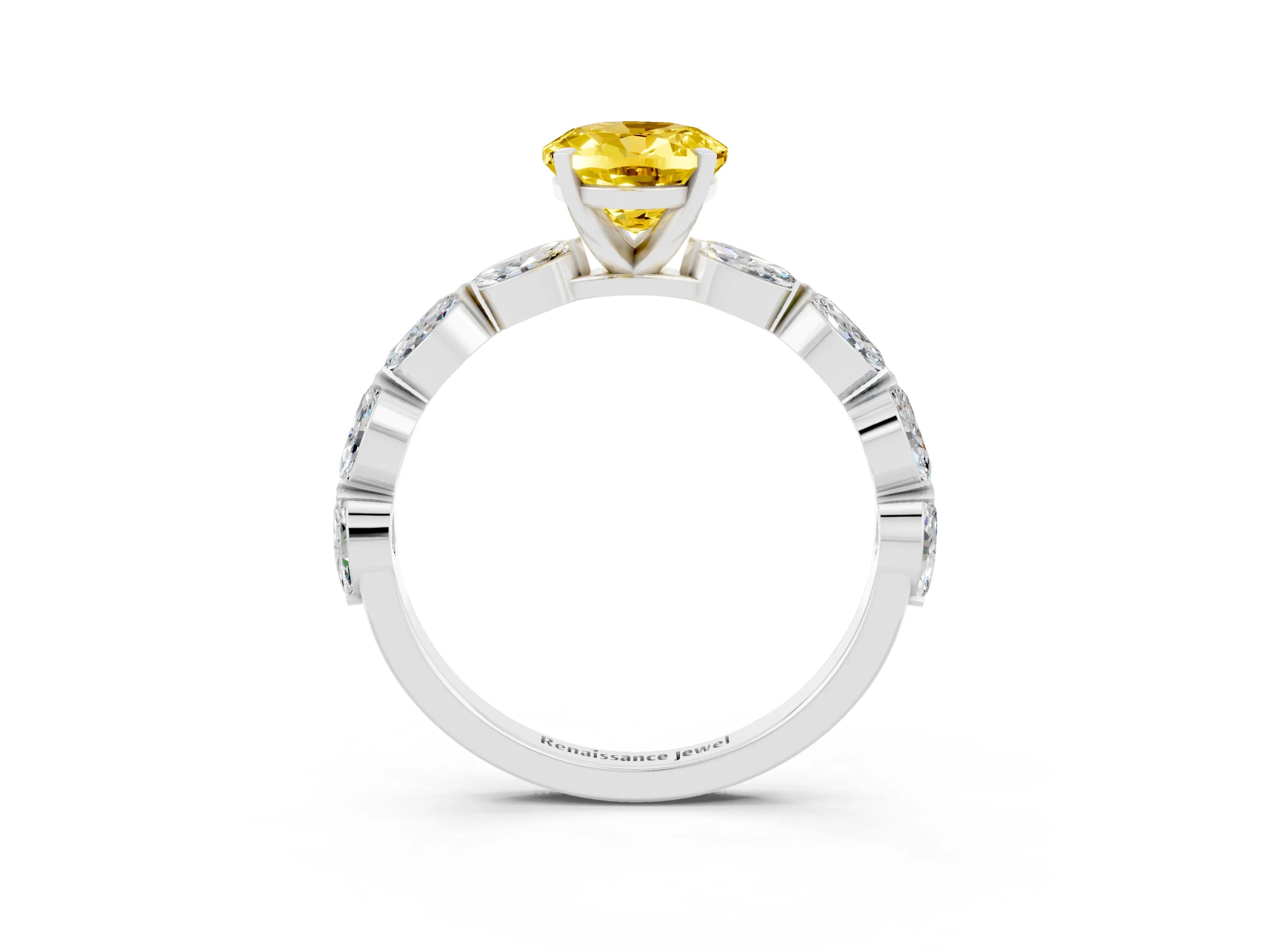 White gold Oval Cut Yellow Sapphire Ring with Marquise Side Stones and Prong Setting_15