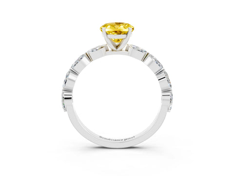 White gold Oval Cut Yellow Sapphire Ring with Marquise Side Stones and Prong Setting_15