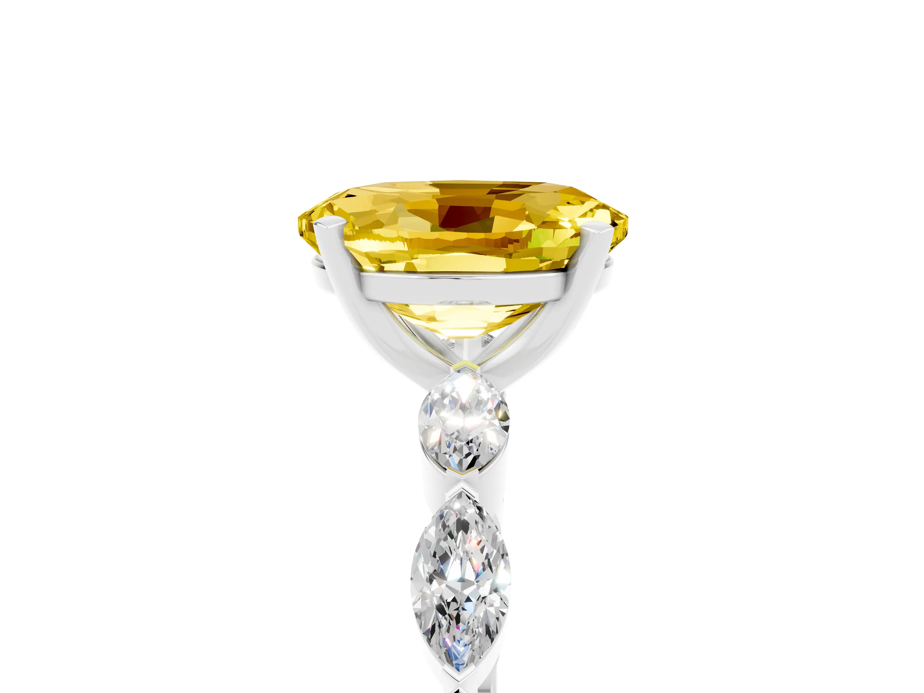 White gold Oval Cut Yellow Sapphire Ring with Marquise Side Stones and Prong Setting_17