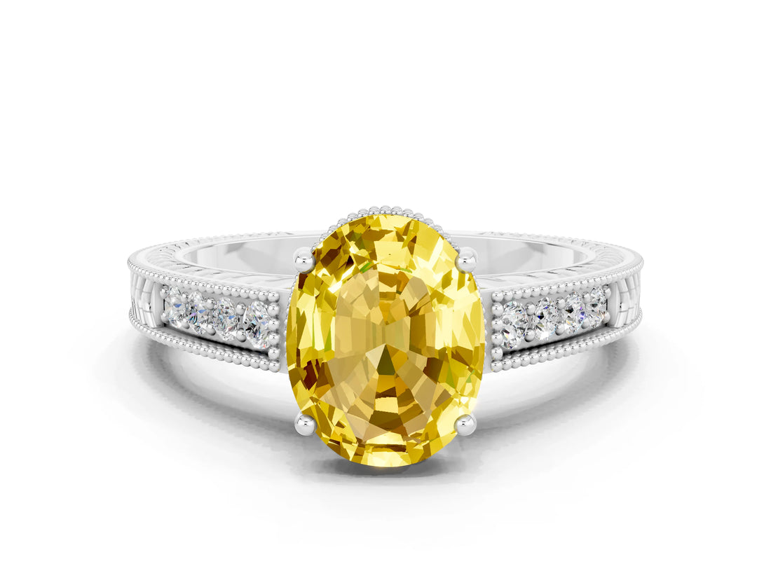 White gold Oval Cut Yellow Sapphire Ring with Milgrain Pavé Band and Four-Prong Setting_36