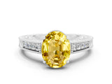 White gold Oval Cut Yellow Sapphire Ring with Milgrain Pavé Band and Four-Prong Setting_36