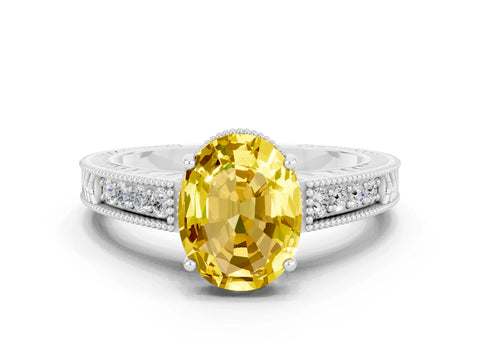 White gold Oval Cut Yellow Sapphire Ring with Milgrain Pavé Band and Four-Prong Setting_36