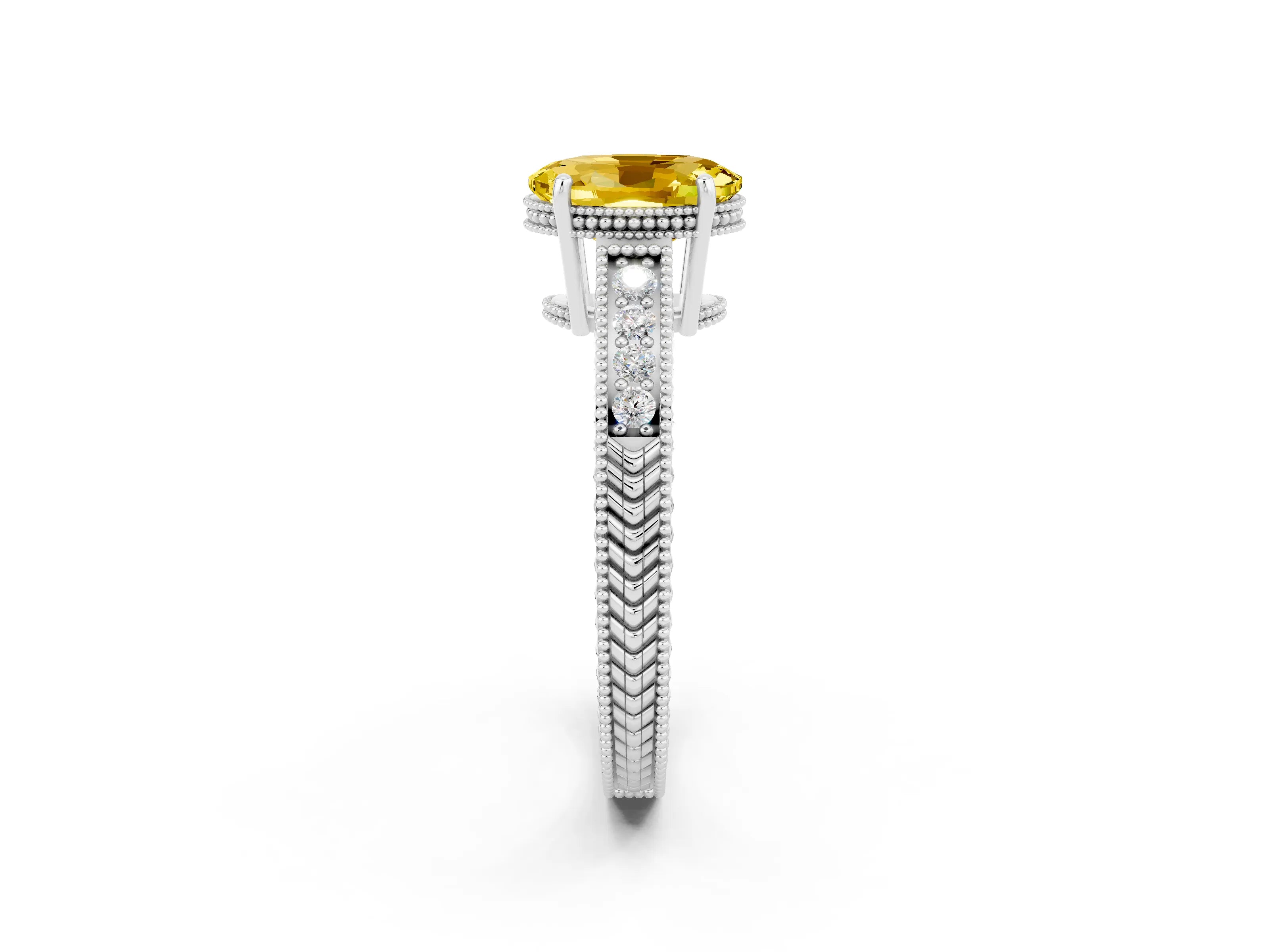 White gold Oval Cut Yellow Sapphire Ring with Milgrain Pavé Band and Four-Prong Setting_38