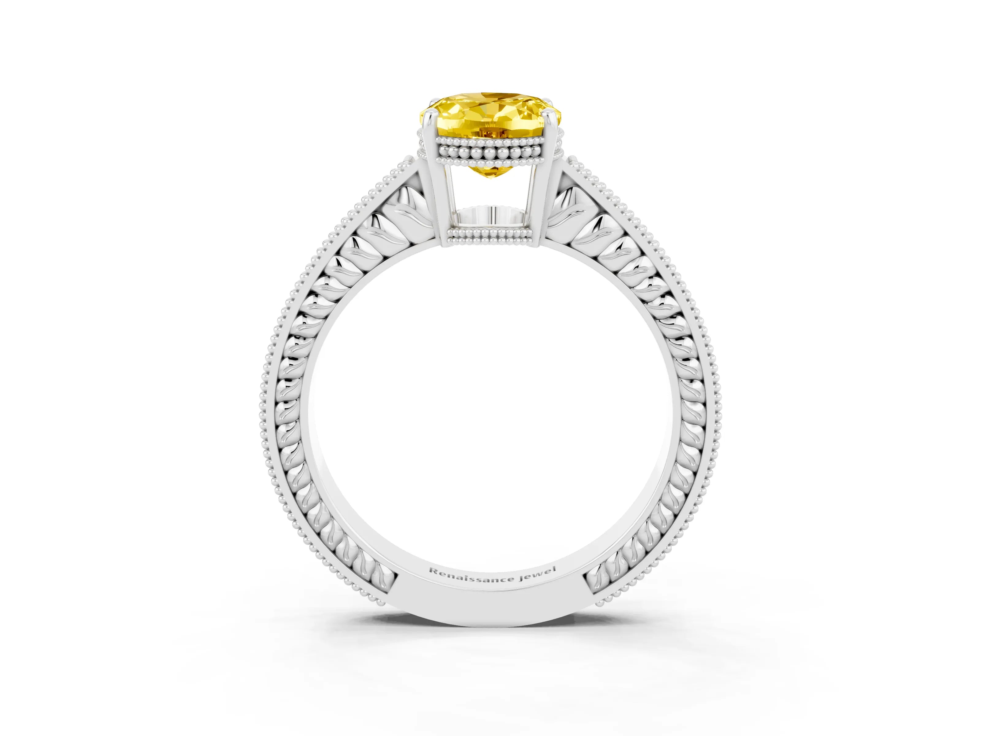 White gold Oval Cut Yellow Sapphire Ring with Milgrain Pavé Band and Four-Prong Setting_39