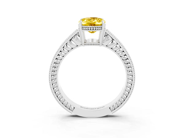 Silver Oval Cut Yellow Sapphire Ring with Milgrain Pavé Band and Four-Prong Setting