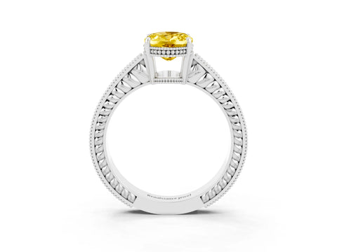White gold Oval Cut Yellow Sapphire Ring with Milgrain Pavé Band and Four-Prong Setting_39