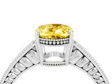 White gold Oval Cut Yellow Sapphire Ring with Milgrain Pavé Band and Four-Prong Setting_40