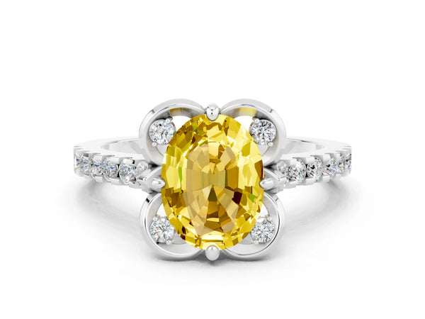 Platinum Oval Cut Yellow Sapphire Ring with Pavé Band and Floral Prong Setting