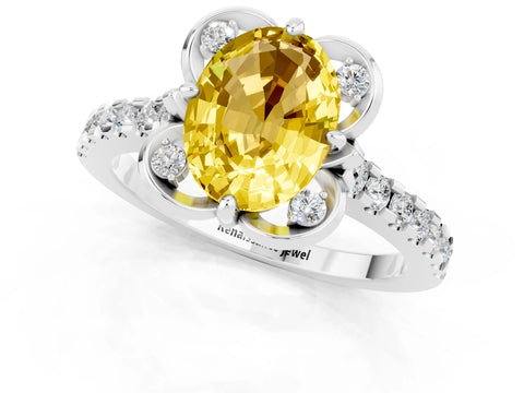 White gold Oval Cut Yellow Sapphire Ring with Pavé Band and Floral Prong Setting_1