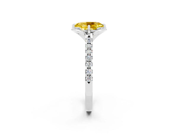 Platinum Oval Cut Yellow Sapphire Ring with Pavé Band and Floral Prong Setting