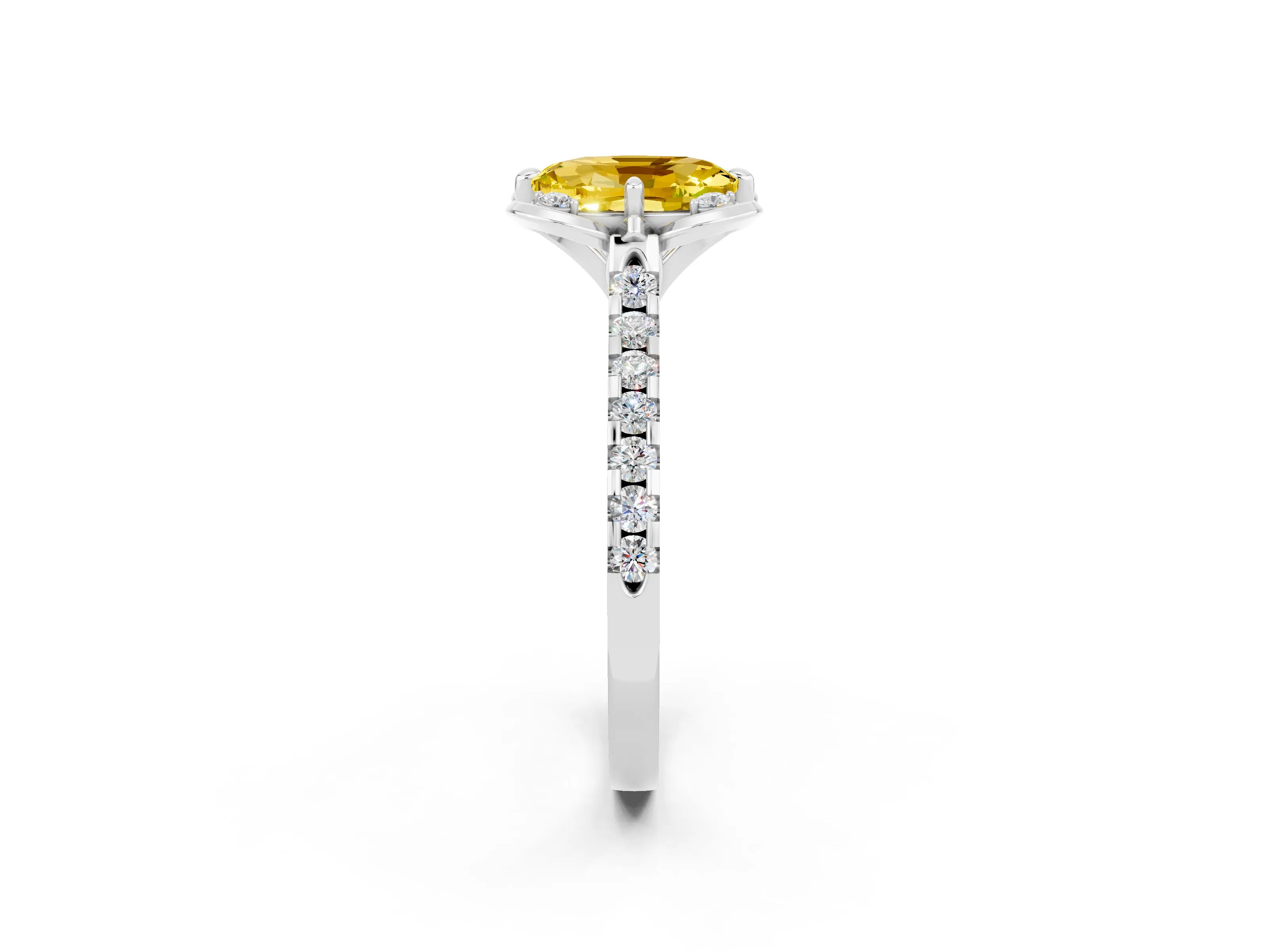 White gold Oval Cut Yellow Sapphire Ring with Pavé Band and Floral Prong Setting_2