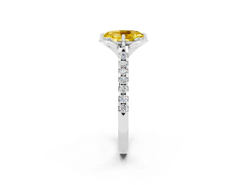 White gold Oval Cut Yellow Sapphire Ring with Pavé Band and Floral Prong Setting_2