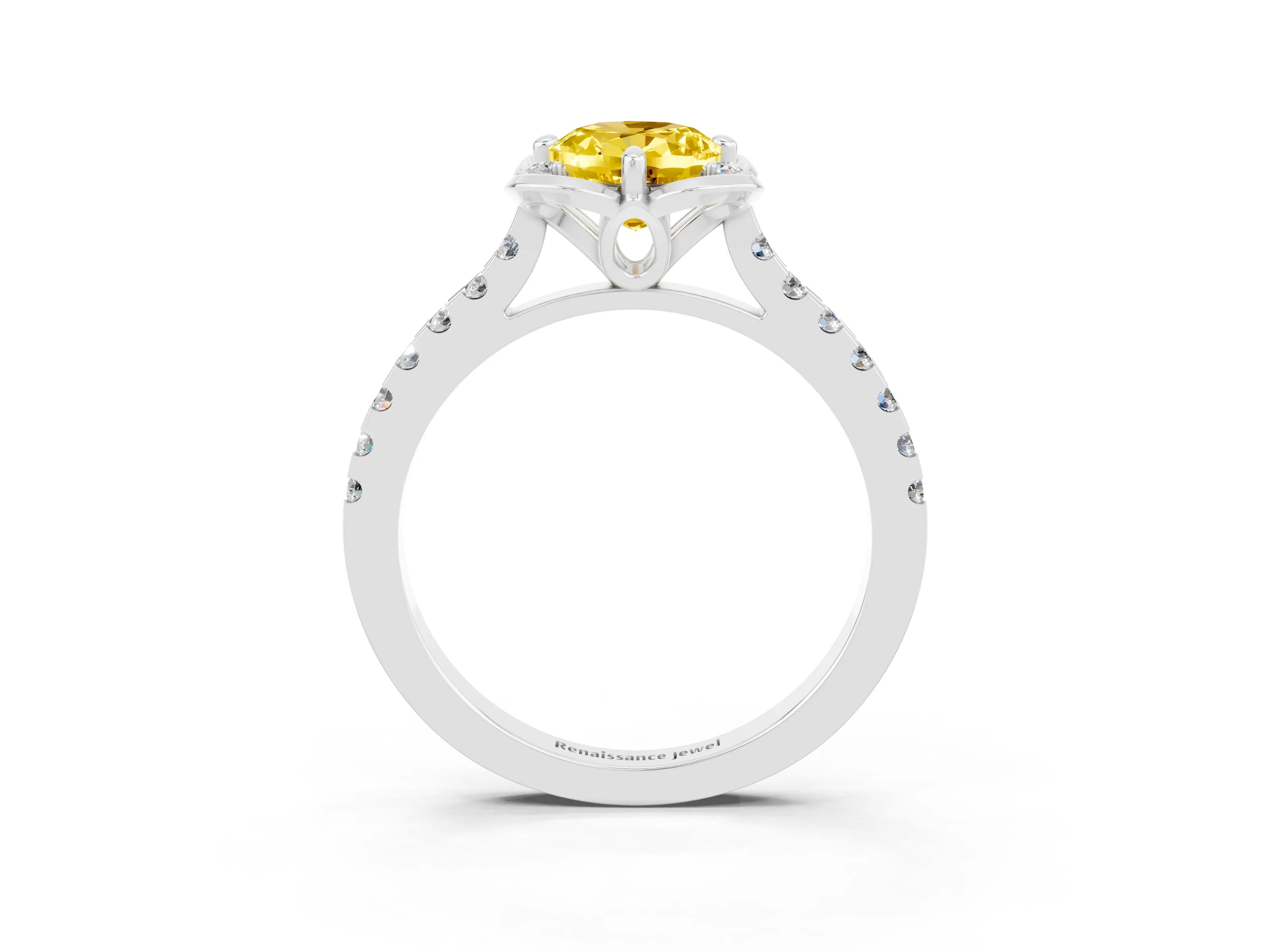 White gold Oval Cut Yellow Sapphire Ring with Pavé Band and Floral Prong Setting_3