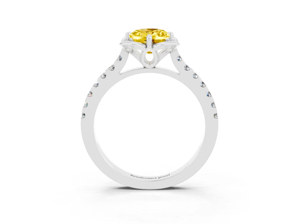 Platinum Oval Cut Yellow Sapphire Ring with Pavé Band and Floral Prong Setting