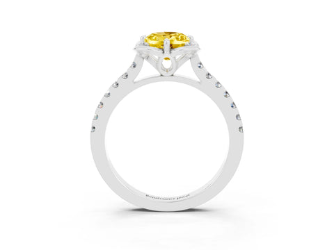 White gold Oval Cut Yellow Sapphire Ring with Pavé Band and Floral Prong Setting_3