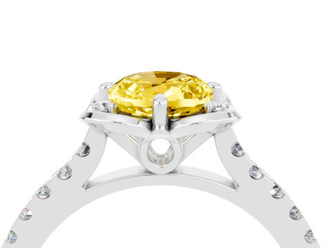 White gold Oval Cut Yellow Sapphire Ring with Pavé Band and Floral Prong Setting_4