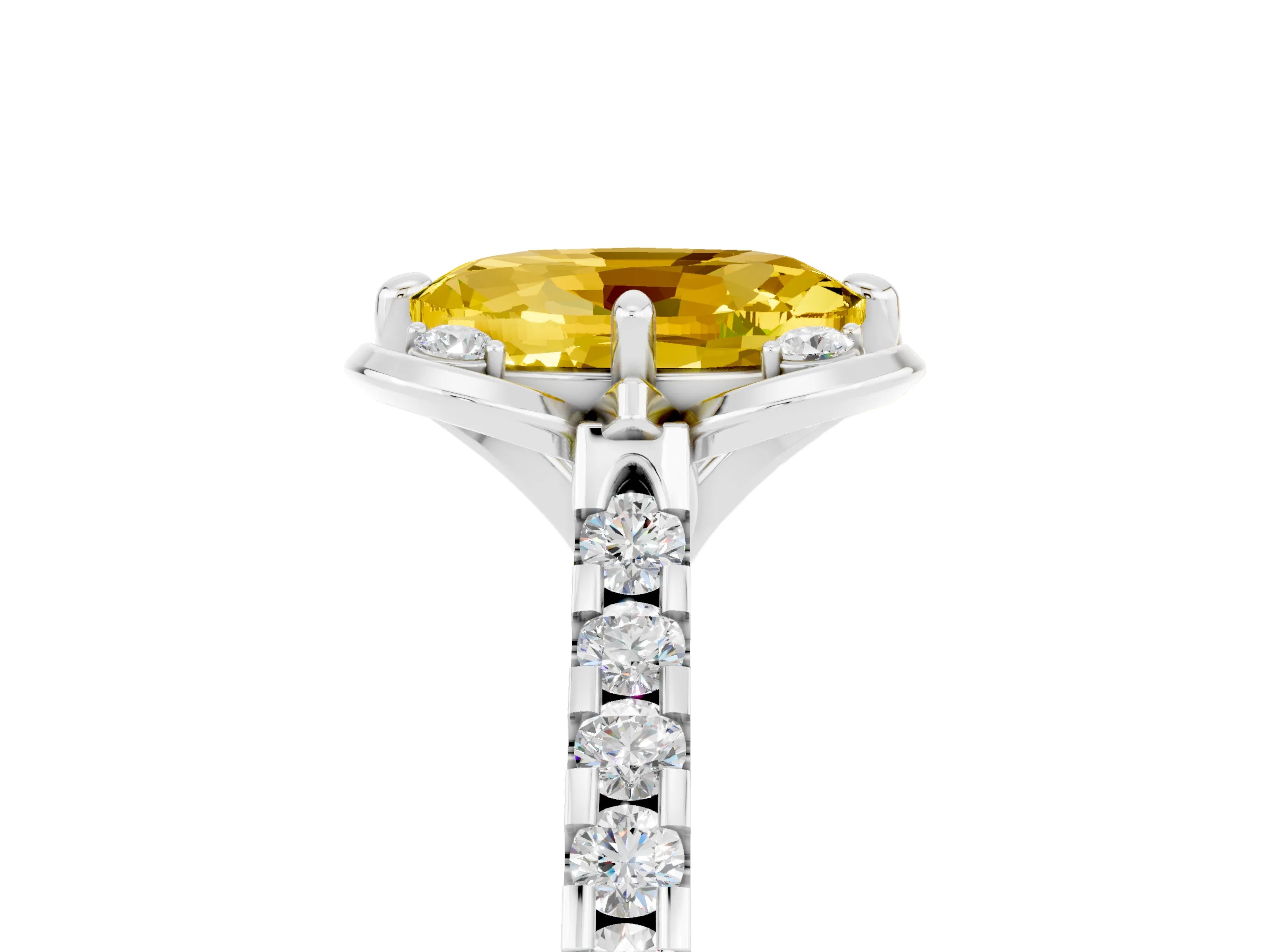 White gold Oval Cut Yellow Sapphire Ring with Pavé Band and Floral Prong Setting_5