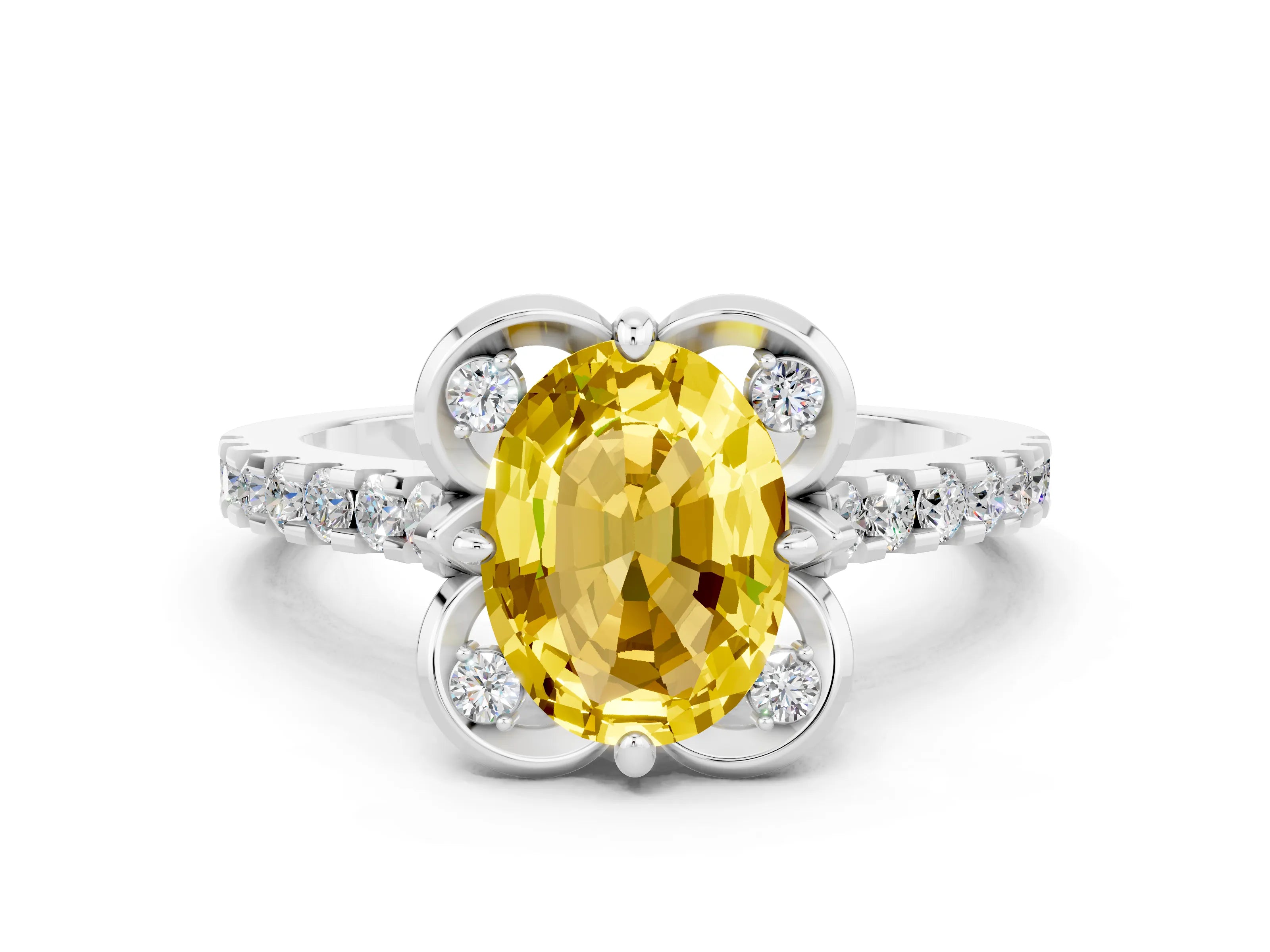 White gold Oval Cut Yellow Sapphire Ring with Pavé Band and Floral Prong Setting