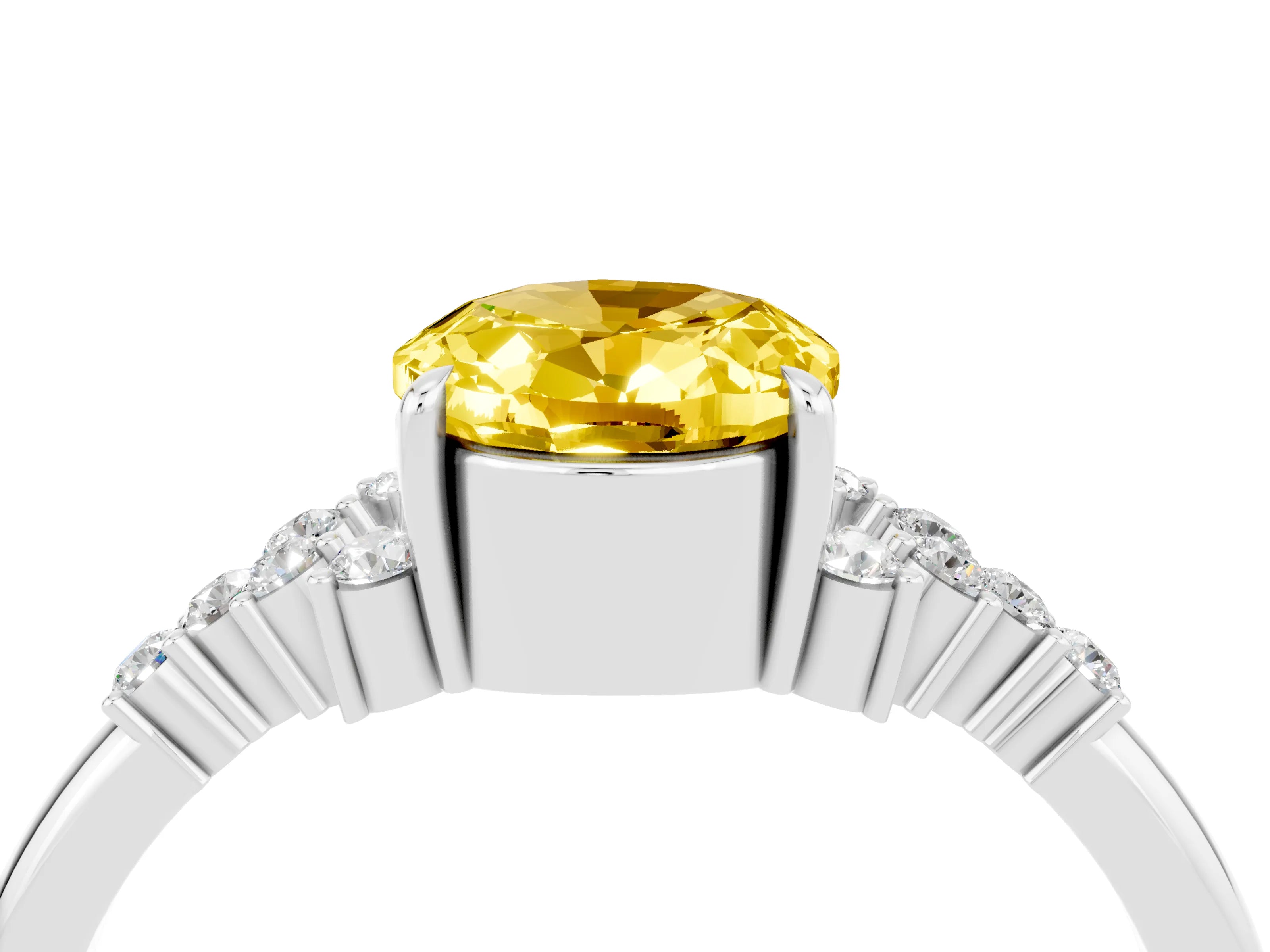 White gold Oval Cut Yellow Sapphire Ring with Side Stones and Four-Prong Setting_100