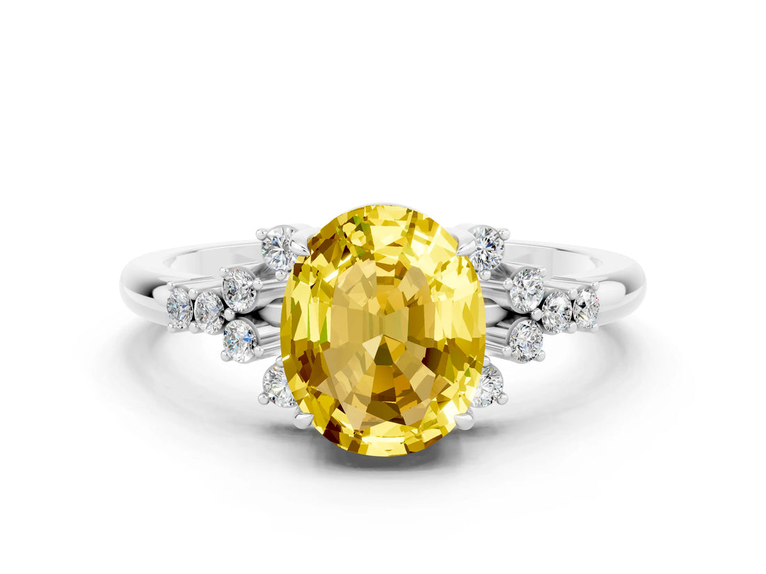White gold Oval Cut Yellow Sapphire Ring with Side Stones and Four-Prong Setting_96