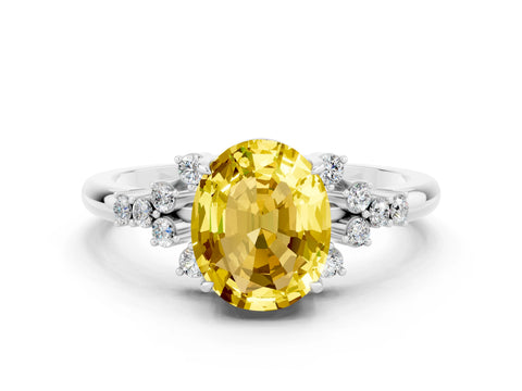 White gold Oval Cut Yellow Sapphire Ring with Side Stones and Four-Prong Setting_96
