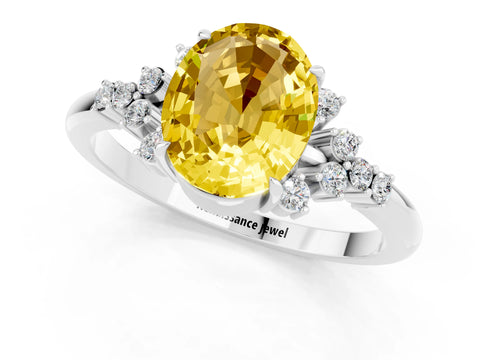 White gold Oval Cut Yellow Sapphire Ring with Side Stones and Four-Prong Setting_97