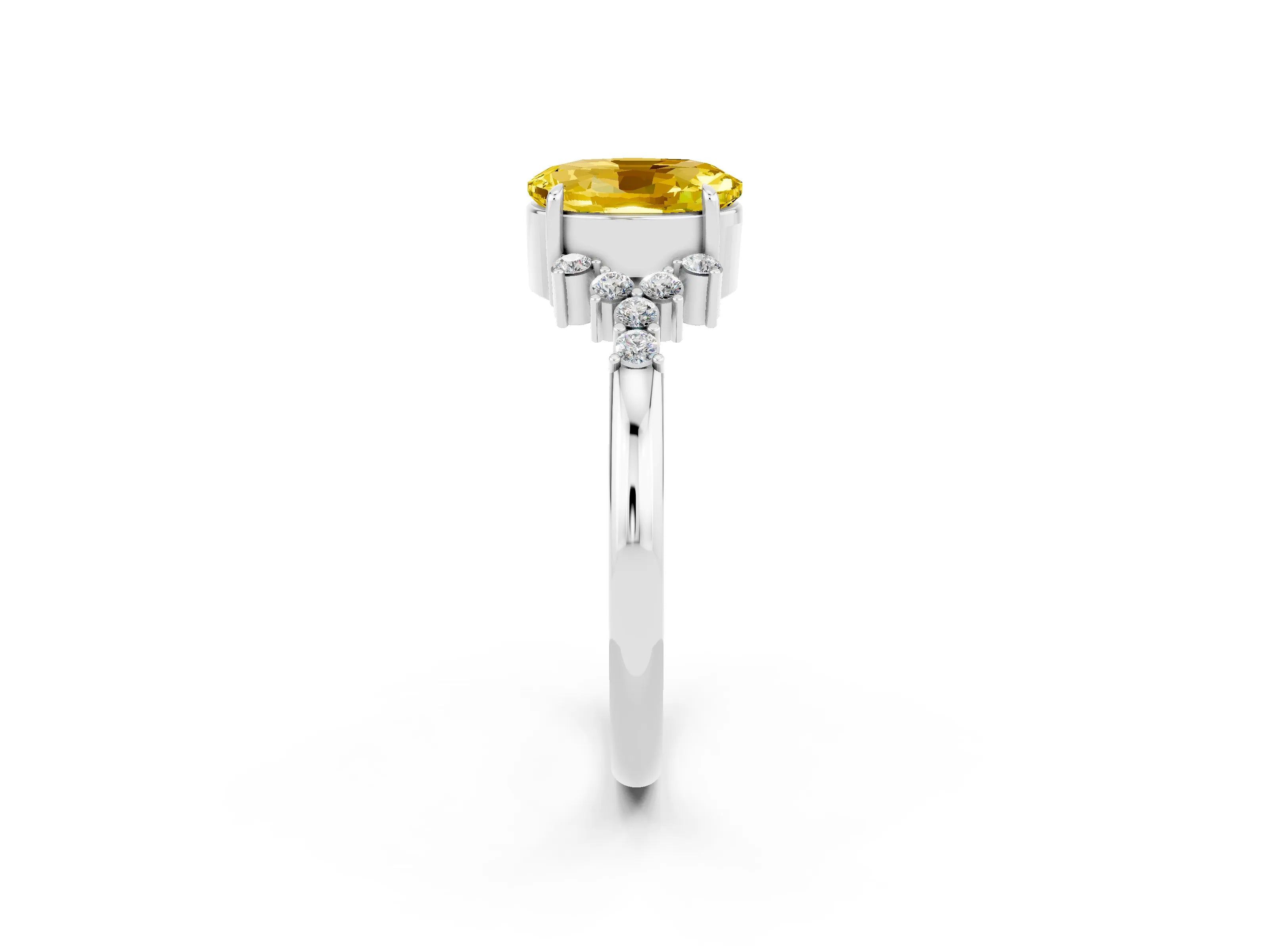 White gold Oval Cut Yellow Sapphire Ring with Side Stones and Four-Prong Setting_98