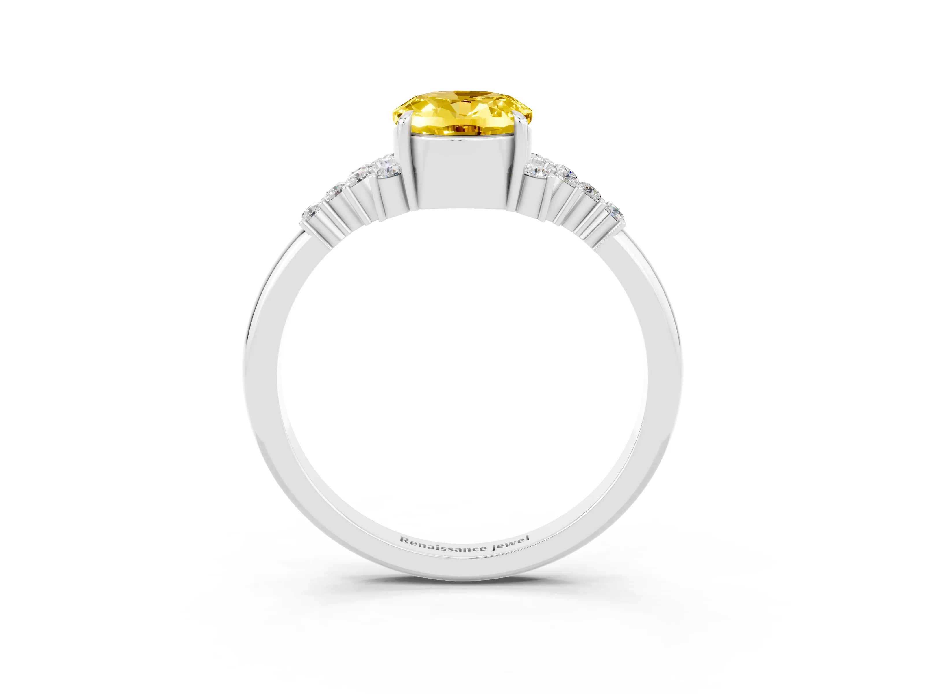 White gold Oval Cut Yellow Sapphire Ring with Side Stones and Four-Prong Setting_99