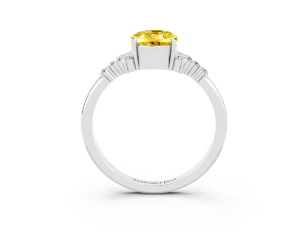 White gold Oval Cut Yellow Sapphire Ring with Side Stones and Four-Prong Setting